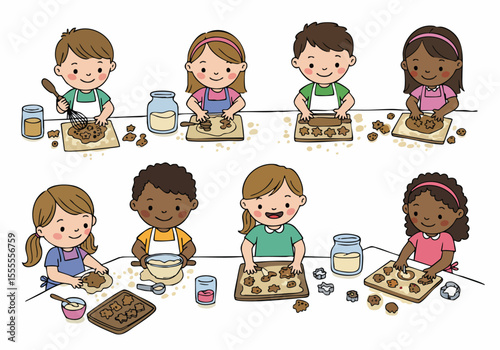 Cute cartoon illustration of diverse children baking cookies together. Happy kids preparing dough and cutting out shapes with cookie cutters.