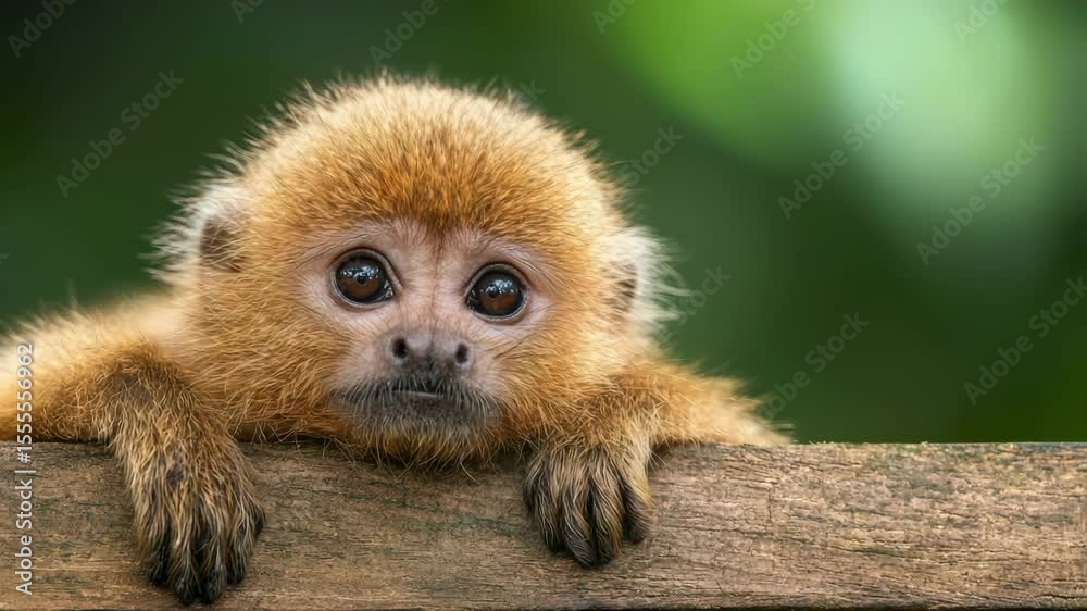 Adorable golden monkey with expressive eyes and cute brown fur, adorable primate mammal resting wooden surface natural outdoor setting, curious animal portrait with big expressive eyes and soft