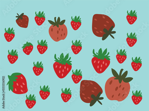 Seamless pattern featuring cute flat-style illustrations of tropical fruits like guava, strawberry, pear, and dragon fruit. Colorful and playful design in both light and dark backgrounds,rttrytuy68767