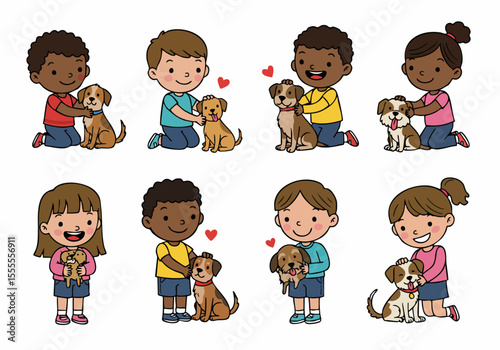 Illustration set of happy multi-ethnic children interacting lovingly with their pet dogs, depicting childhood friendship and animal care.