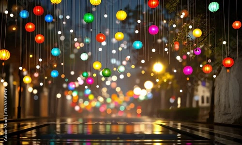 Blurred view of hanging decorative lights in various colors creating a dreamy and festive ambiance.