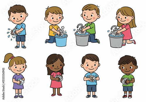 Cartoon illustration set of diverse children washing their hands with soap and water, demonstrating healthy hygiene habits for preventing germs and staying clean.