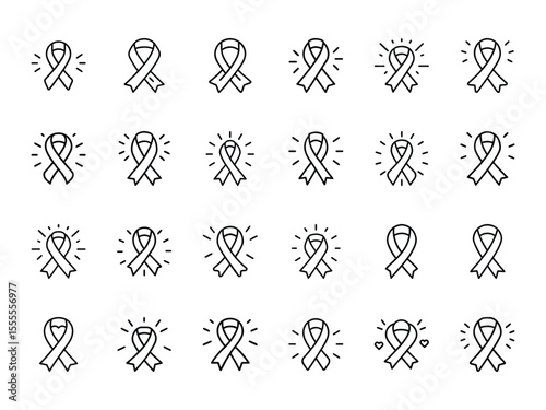 Awareness Ribbon Icon Set in Line Art Style Representing Support, Hope, and Solidarity for Causes Like Cancer, Mental Health, and Social Awareness