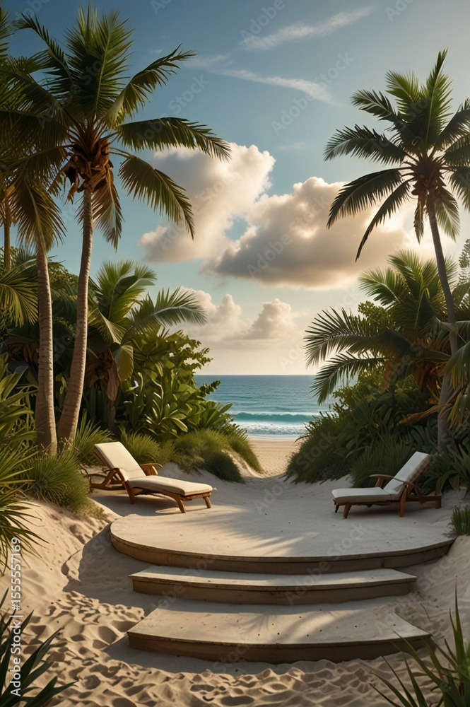 Fototapeta premium Tranquil beachfront oasis with palm trees and lounge chairs