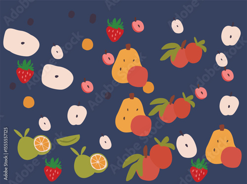 Seamless pattern featuring cute flat-style illustrations of tropical fruits like guava, strawberry, pear, and dragon fruit. Colorful and playful design in both light and dark backgrounds, i676767676