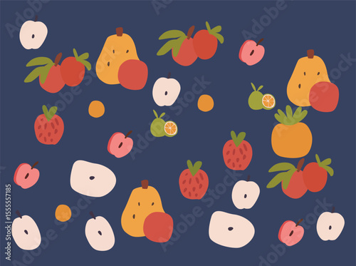Seamless pattern featuring cute flat-style illustrations of tropical fruits like guava, strawberry, pear, and dragon fruit. Colorful and playful design in both light and dark backgrounds, 7878787878