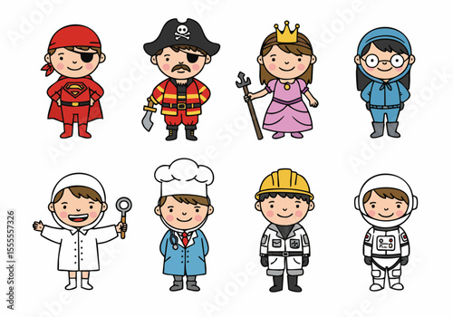 Set of cute cartoon children dressed in various job and fantasy costumes including astronaut, superhero, pirate, princess, chef, and more.