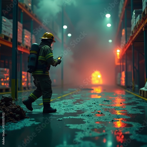 Firefighter Uses Mobile Device in Smoky Warehouse