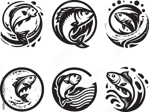 Fish Logo Vector Set – Jumping, Swimming, and Abstract Aquatic Designs in Teal and Gray