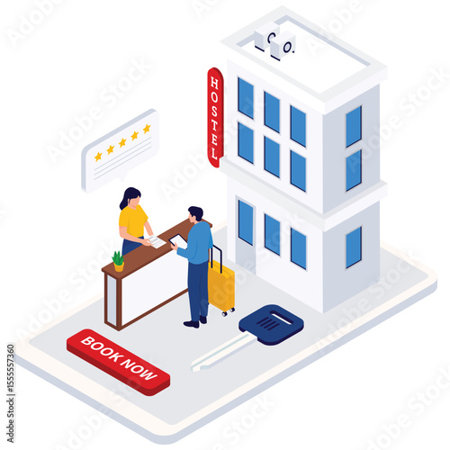 Booking Isometric Illustration. Vector illustration of Isometric booking scene of a man checking into a hostel using a mobile app at the reception desk. Isolated on background
