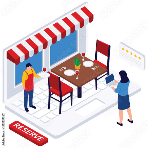 Booking Isometric Illustration. Vector illustration of Digital reservation system showing a restaurant table being booked through a laptop with rating feedback. Isolated on background