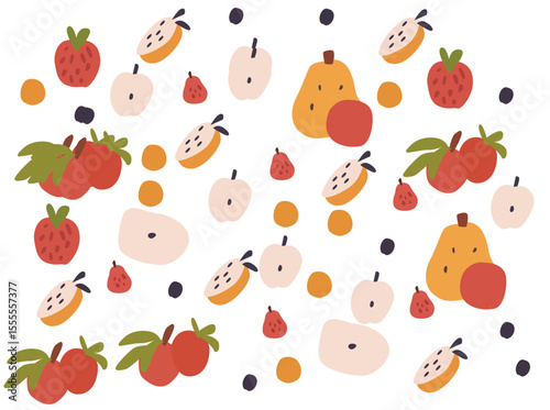 Seamless pattern featuring cute flat-style illustrations of tropical fruits like guava, strawberry, pear, and dragon fruit. Colorful and playful design in both light and dark backgrounds,676767676