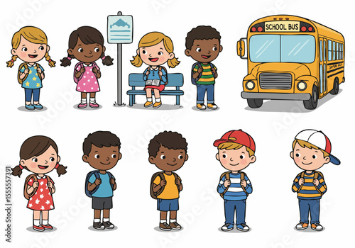 Diverse group of happy children with backpacks waiting for the school bus at the bus stop, ready for the school day.