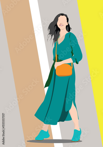 026-21-Stylish woman walking gracefully, showcasing modern fashion trends with her teal dress and orange bag. Hand drawn  illustration