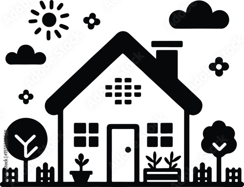 House graphic showing cozy home with sun flowers and a yard in simple style