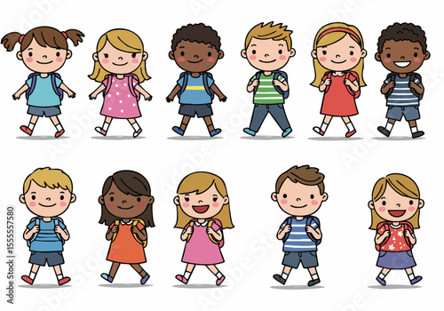 Happy diverse children with backpacks walking to school, isolated vector illustration on a white background.
