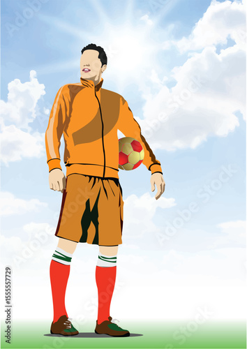 026-23-Soccer player wearing an orange uniform holding a ball under a blue sky with clouds. Hand drawn  illustration