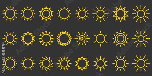 Sun simple icons collection.  Yellow sun star icons collection. Summer, sunlight. Collection of sun stars for use in as logo or weather icon. Vector illustration