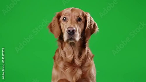 Golden retriever dog sitting against a vibrant green background, showcasing its friendly expression