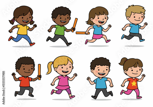 Diverse group of happy cartoon children running and participating in a relay race, depicting teamwork, sports, and childhood activity.
