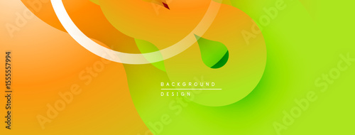 Abstract background features vibrant orange, yellow, green gradients. White curved lines, leaf shapes create dynamic composition. Modern design element.
