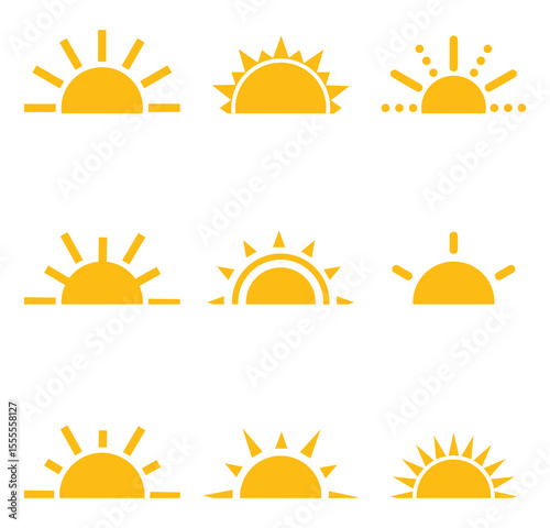 Sun icon set. Sunset icon collection. Yellow sun star icons. Sunset icon collection. Yellow sun star icons. sunshine and solar glow, sunrise or sunset. Abstract sunlight solar symbol. 