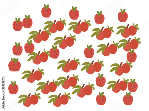 Seamless pattern featuring cute flat-style illustrations of tropical fruits like guava, strawberry, pear, and dragon fruit. Colorful and playful design in both light and dark backgrounds, ideal 003223