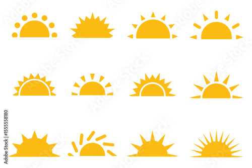 Sun icon set. Sunset icon collection. Yellow sun star icons. Sunset icon collection. Yellow sun star icons. sunshine and solar glow, sunrise or sunset. Abstract sunlight solar symbol. 