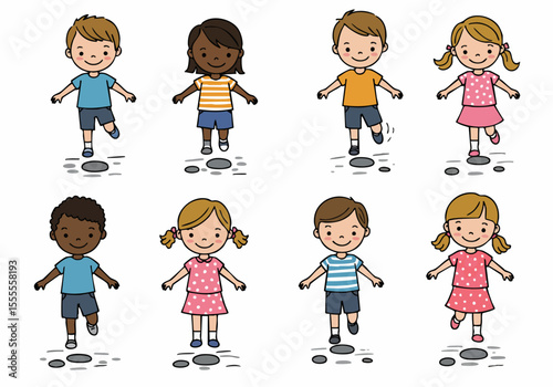 Happy diverse cartoon children jumping and hopping on stepping stones illustration