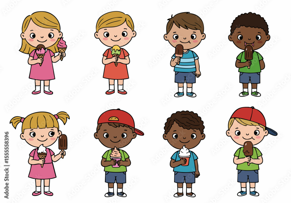 Happy Diverse Cartoon Children Enjoying Ice Cream Cones, Popsicles, and Cups on a White Background Happy Diverse Cartoon Children Enjoying Ice Cream Cones, Popsicles, and Cups on a White Background