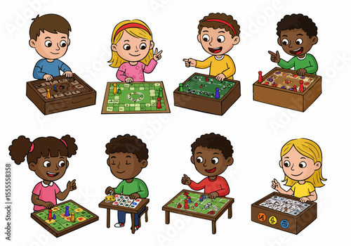 Diverse group of cartoon children happily playing various board games together, illustrating fun, leisure, and educational activities for kids.