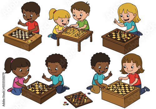 Cartoon illustration of diverse children having fun learning and playing chess games.