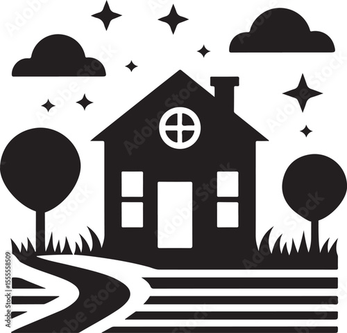 Night sky house scene with stars and clouds in black and white artistic style