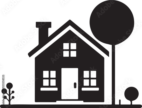 Minimal house icon with tree in black and white for property and real estate