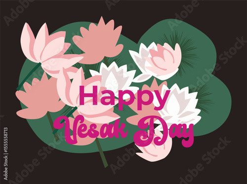 Flat vector illustration celebrating Vesak Day with blooming lotus flowers and peaceful water elements. The artwork features the message 'Happy Vesak Day' in decorative typography, 000889898