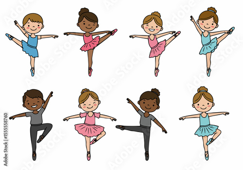 Cute diverse children dancing ballet in various poses, cartoon illustration perfect for kids' dance classes and activities.