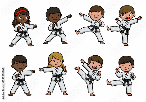 Set of cute cartoon kids practicing karate in various action poses, including punches and kicks, wearing gis and black belts.