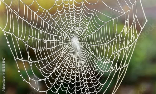 Dew-covered spiderweb in sharp detail against soft green background symbolizing fragility and natural design.