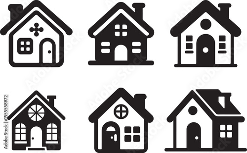 Black and white home icons set expressing cozy living and simple architectural design