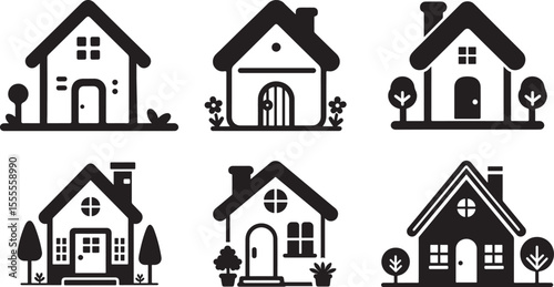 Vector set of six unique black and white home illustrations with charming details