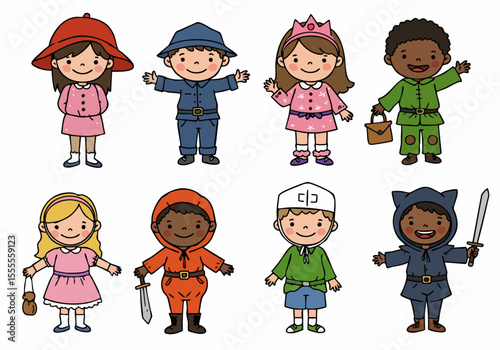 Cute cartoon children in diverse fantasy and character costumes for dress-up and playtime on a white background