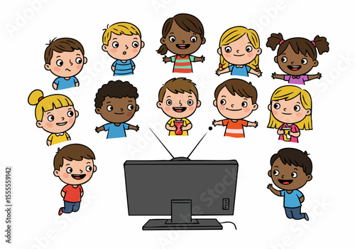 Diverse group of cartoon children watching television with retro antenna.