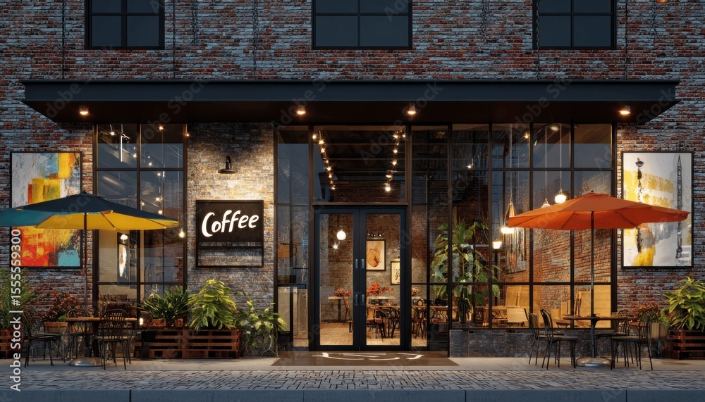 Fototapeta premium Cozy industrial coffee shop with brick, glass, outdoor seating, and local art 4. Generative AI