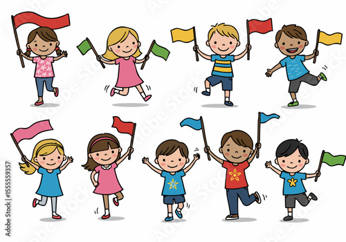 Joyful cartoon children running and waving colorful flags in a fun activity