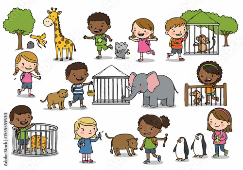Happy Cartoon Children Visiting the Zoo and Interacting with Various Animals like Giraffe, Elephant, Monkeys, and Penguins