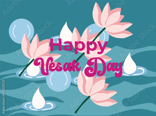 Flat vector illustration celebrating Vesak Day with blooming lotus flowers and peaceful water elements. The artwork features the message 'Happy Vesak Day' in decorative typography, 002
