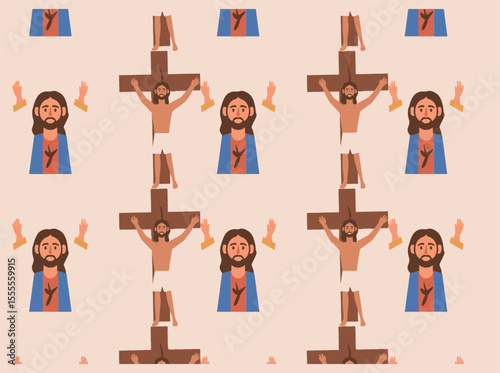 Seamless religious pattern featuring flat vector illustrations of Jesus, nuns, crosses, and palm leaves. Designed in soft pastel tones, this faith-based artwork is ideal for Easter themes, 0999
