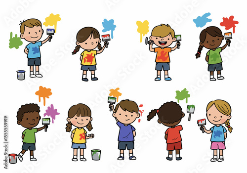 Happy children of diverse backgrounds painting with brushes and bright colors.