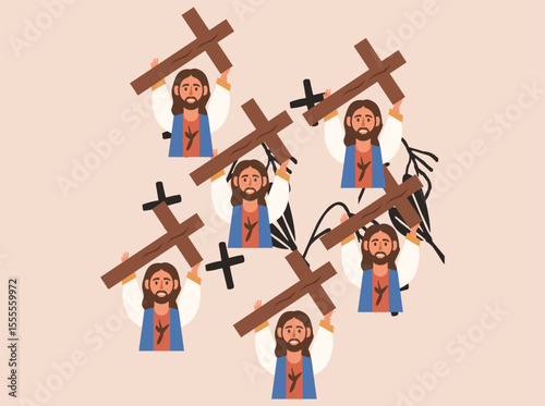 Seamless religious pattern featuring flat vector illustrations of Jesus, nuns, crosses, and palm leaves. Designed in soft pastel tones, this faith-based artwork is ideal for Easter themes, 007