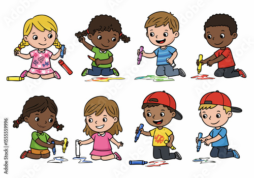 Cartoon illustration of diverse children happily drawing with crayons on the floor, showcasing creativity and fun learning activities.